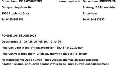 Duivenbond PADVINDERS & Duivenbond BROECHEM RONDE VAN BELGIE zat 21-28 sept & 5-12 okt
