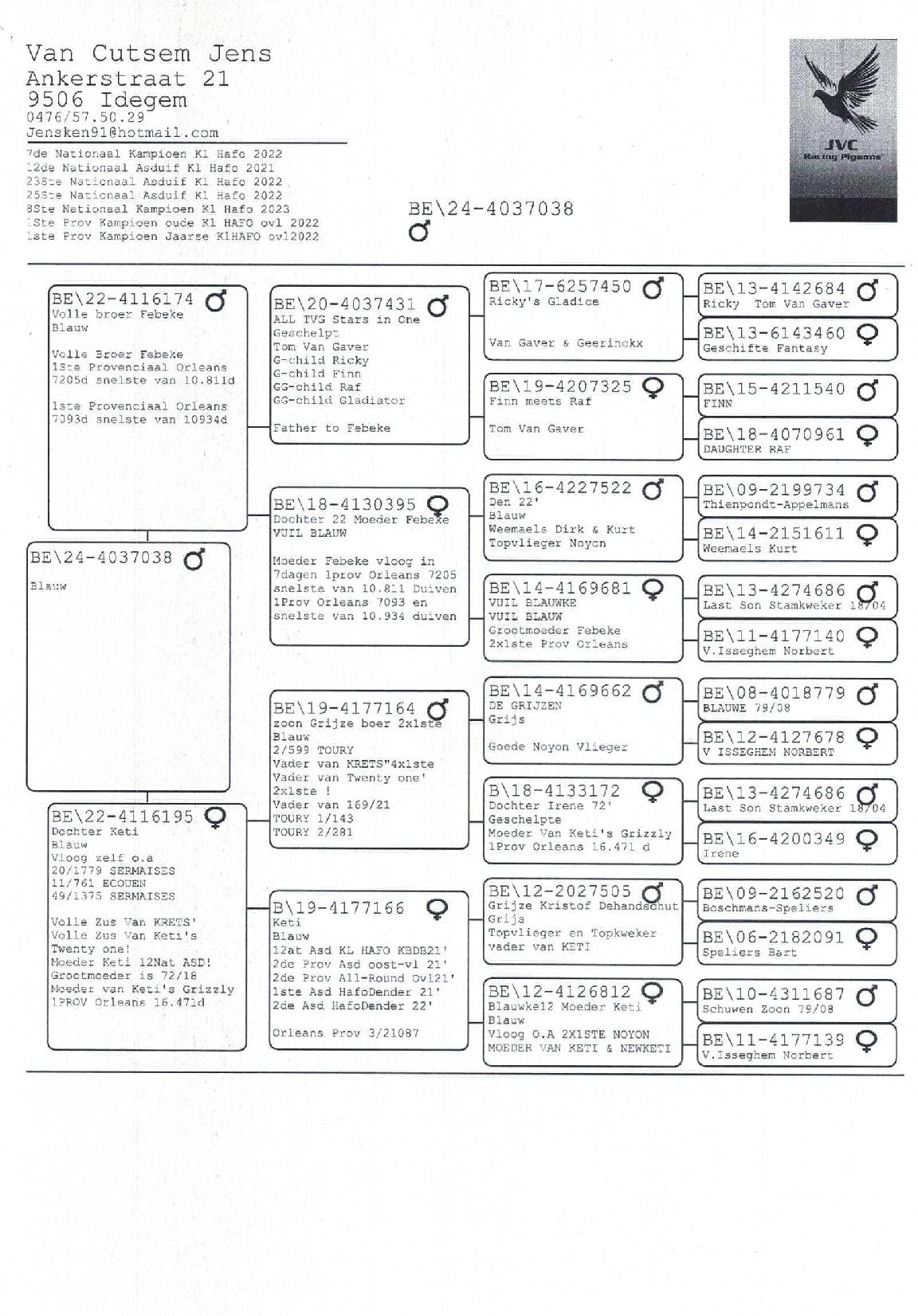 Pedigree VAN CUTSEM JENS &gt; IDEGEM
