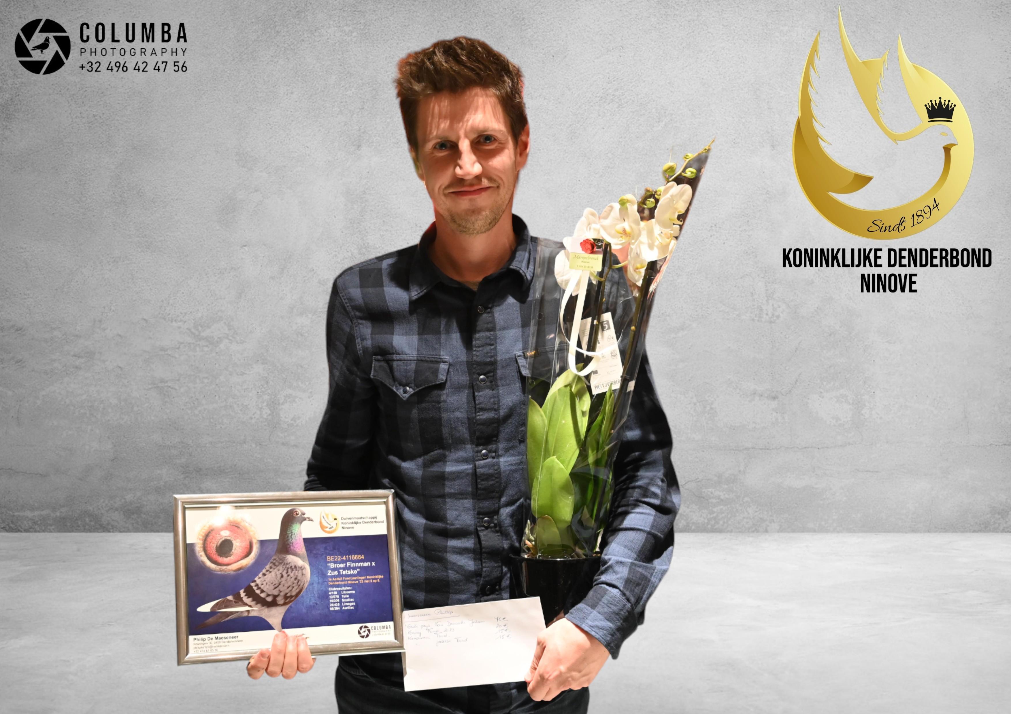 De Maeseneer Philip	(Denderwindeke) schenkt een	jonge duif 2026 op afspraak.