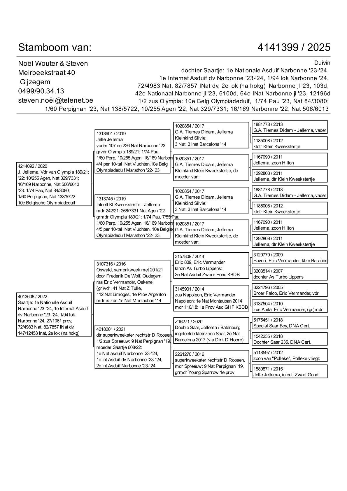 pedigree dochter Saartje: 1e Nationale Asduif Narbonne 2023/2024 