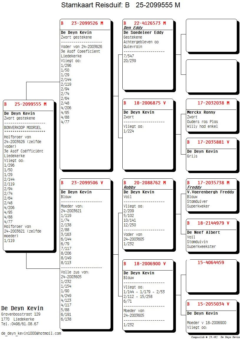 pedigree 57: De Deyn Kevin (Liedekerke) - Duif ter plaatse BE-25-2099555 (PEDIGREE)