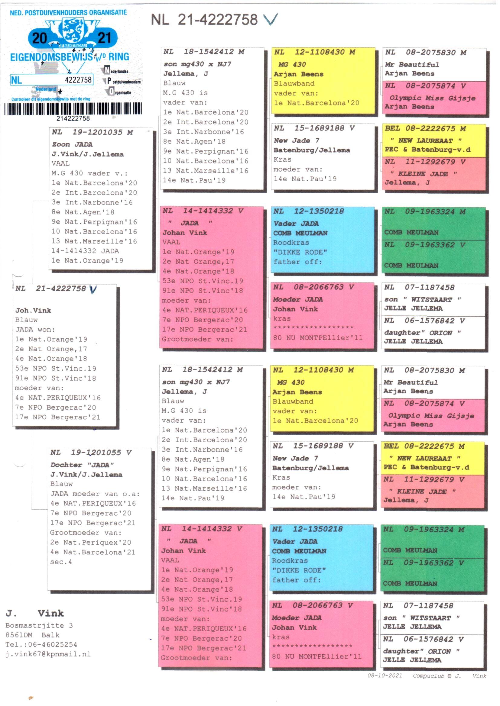 pedigree Zoon Jada x Dochter Jada - Original J. Vink