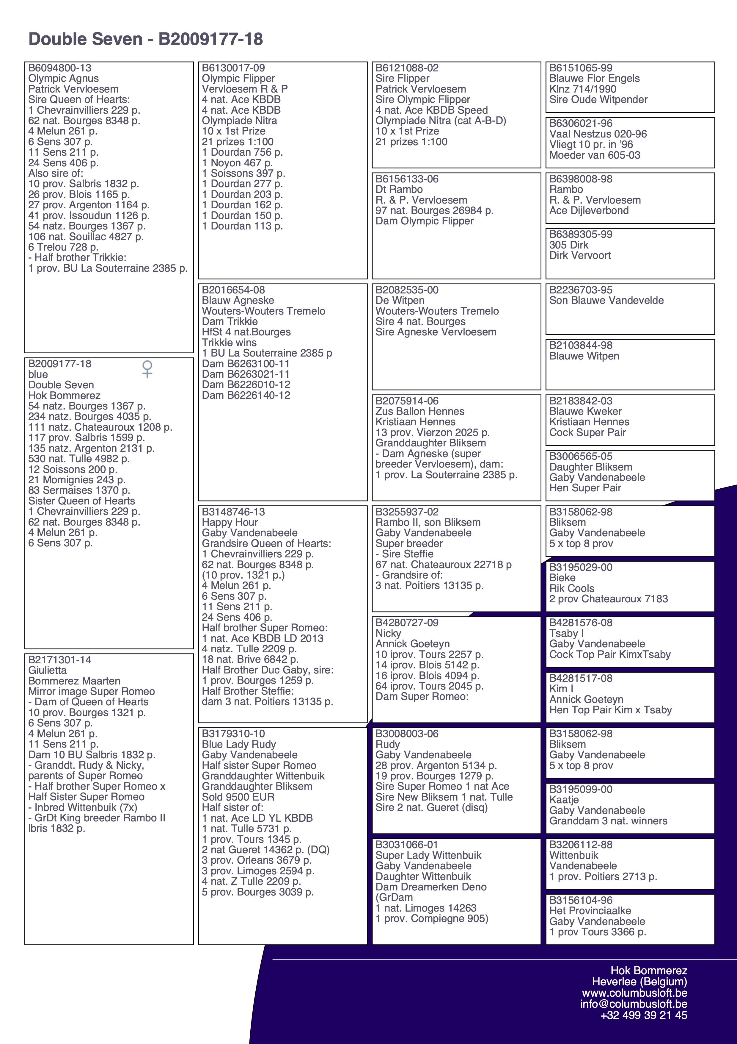 pedigree “Double Seven", 54 nat. zone Bourges 1367 d., volle zus van 10 prov. Bourges 1321 d. en 1 Chevrainvilliers 229 d.