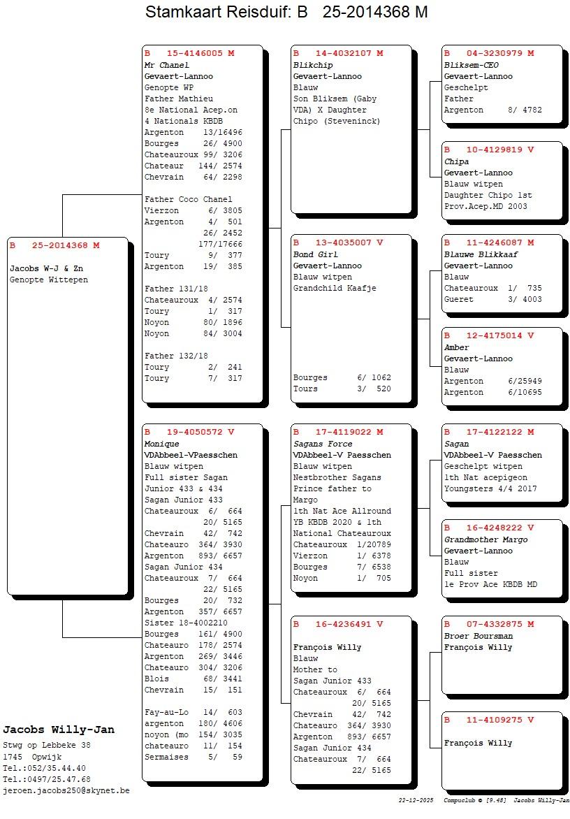 pedigree Halfbroer Mathieu, 8e Nat.Asduif KBDB 4 vluchten 2018 & Achterkleinkind Sagan, 1e Nat.Asduif KBDB 4 vluchten 2018