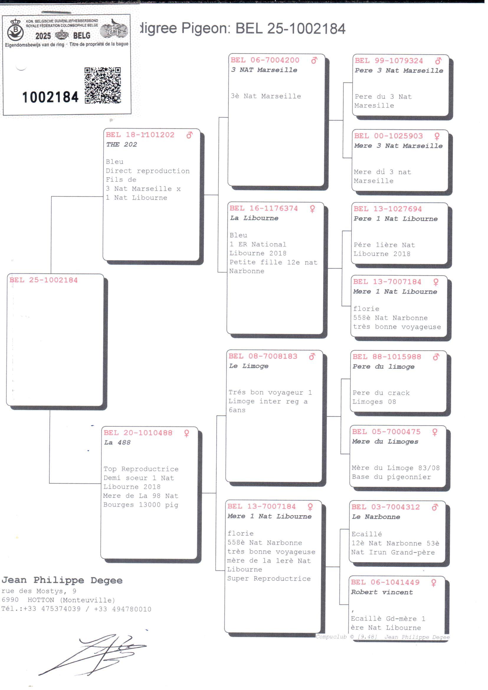 pedigree Zoon 3° Nat Marseille x Dochter moeder 1° Nat Libourne 