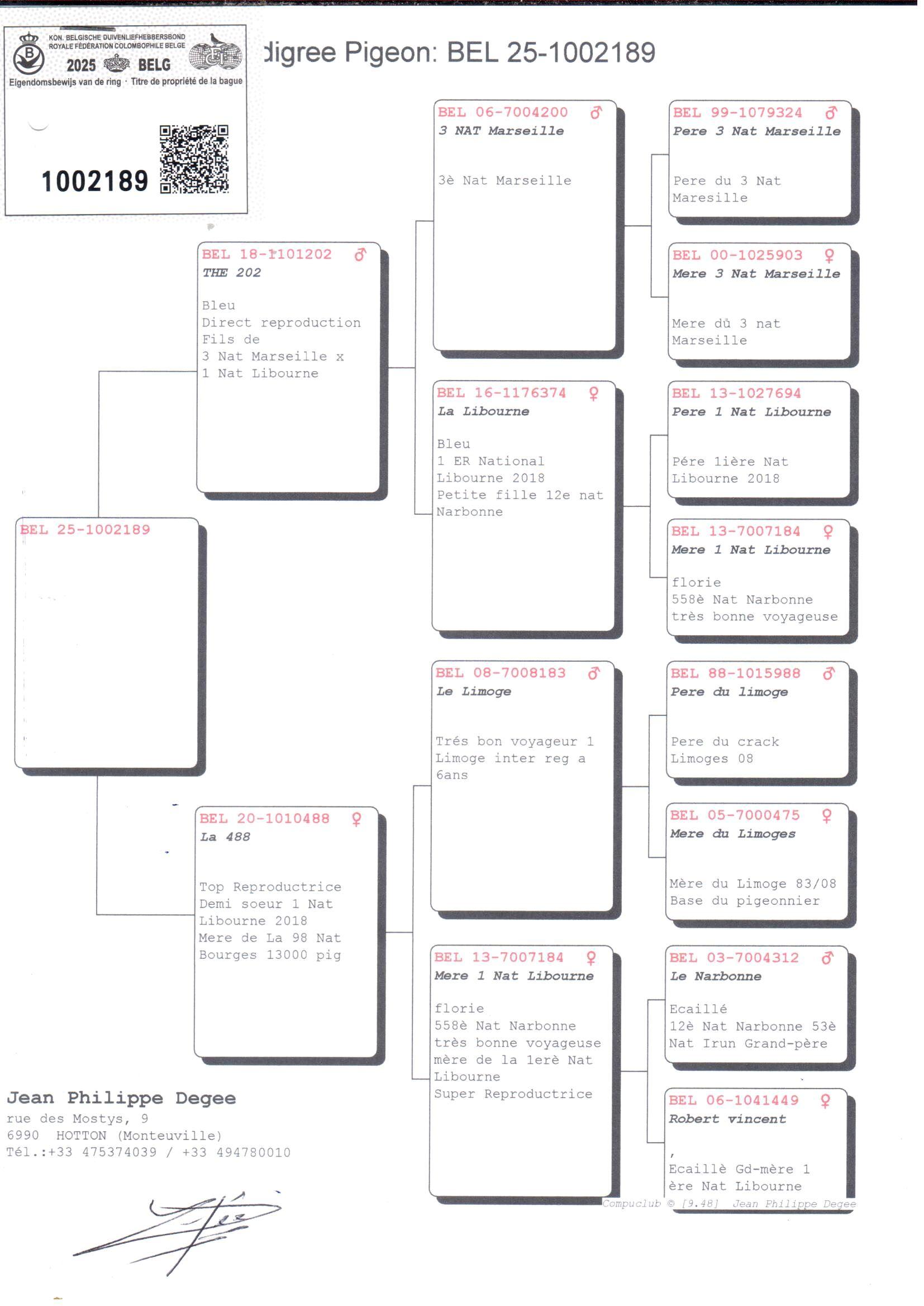 pedigree Zoon 3° Nat Marseille x Dochter moeder 1° Nat Libourne 
