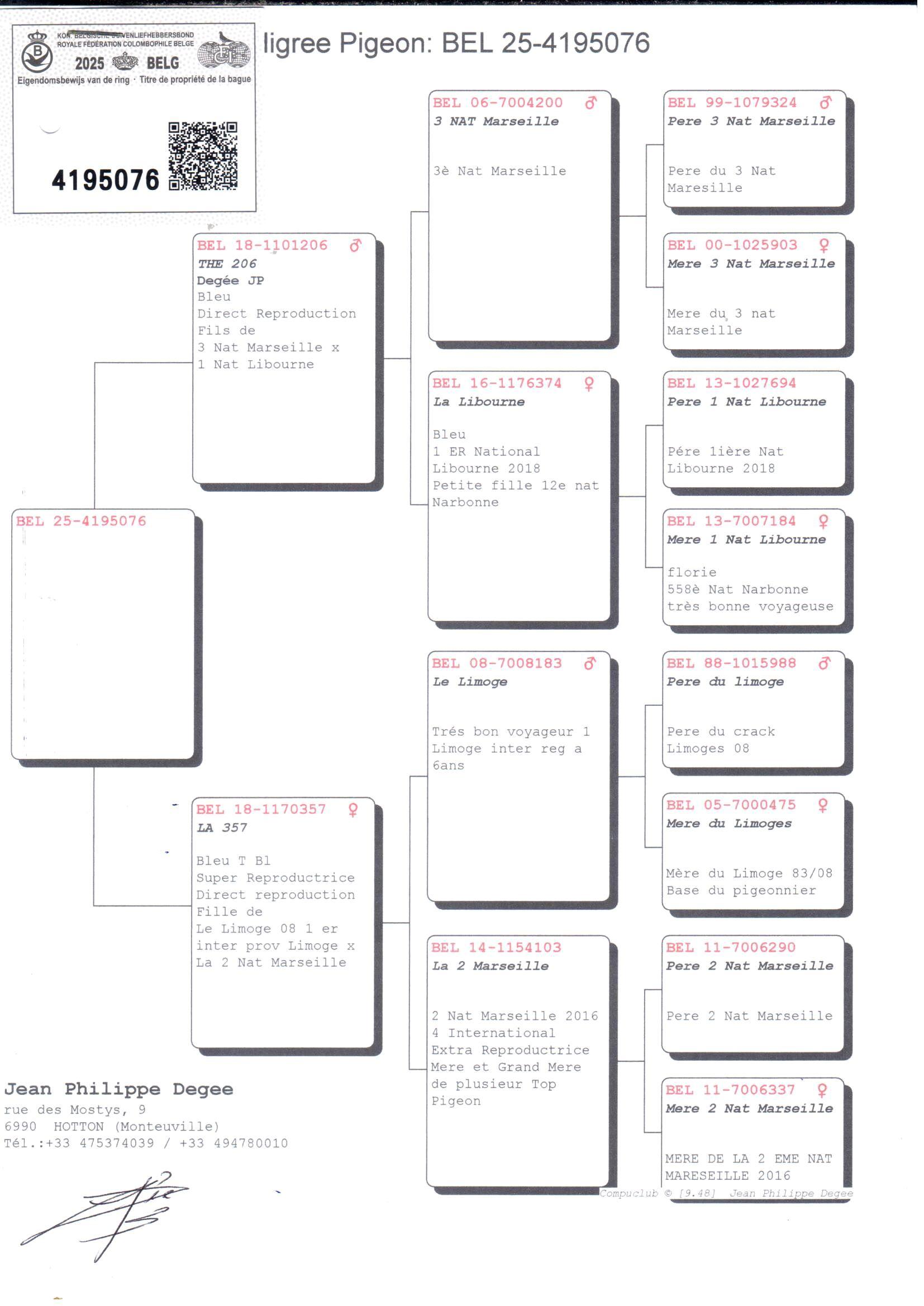 pedigree Zoon 3° Nat Marseille x Dochter 2° nat Marseille 