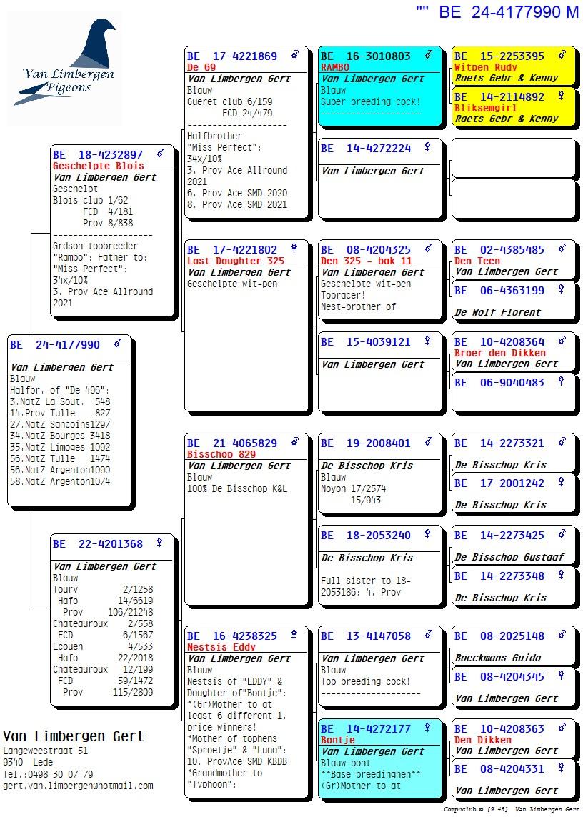 pedigree Zoon 8. Prov Blois - Halfbroer topduivin 'De 496'