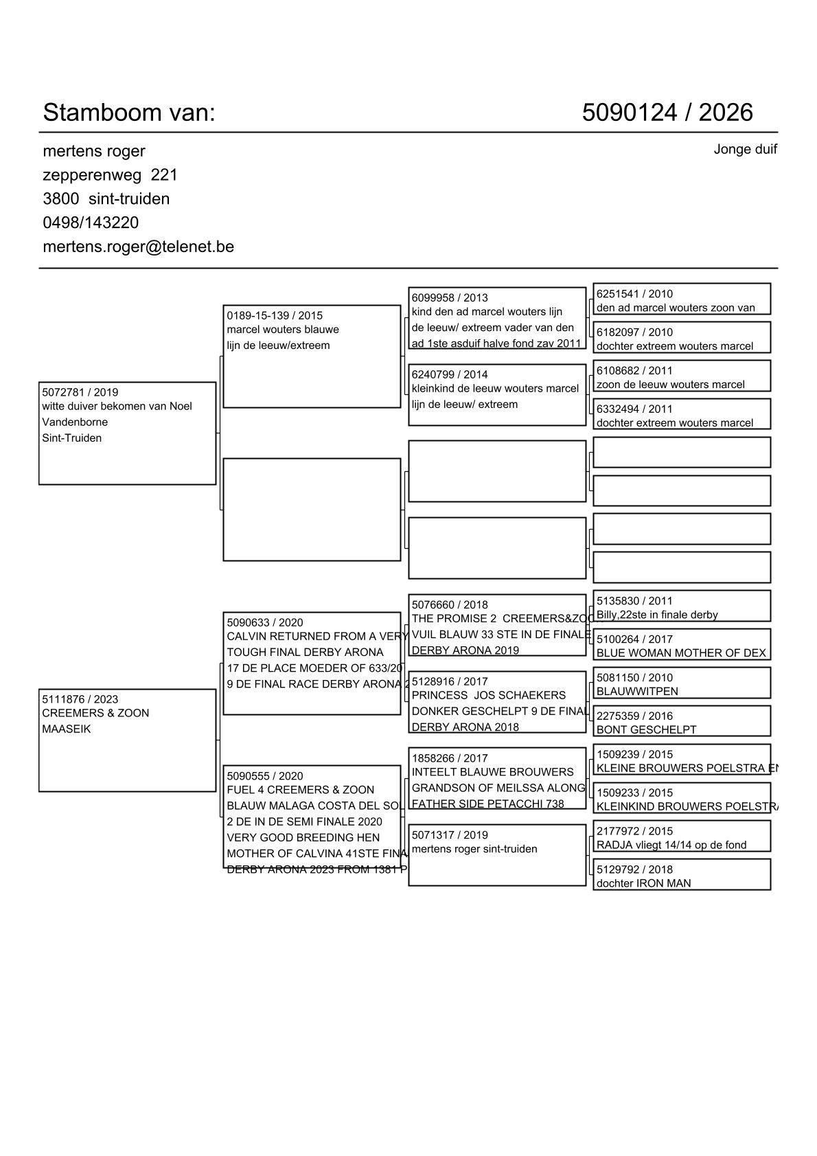 pedigree Noel Vandenborne x Creemers & Zoon 