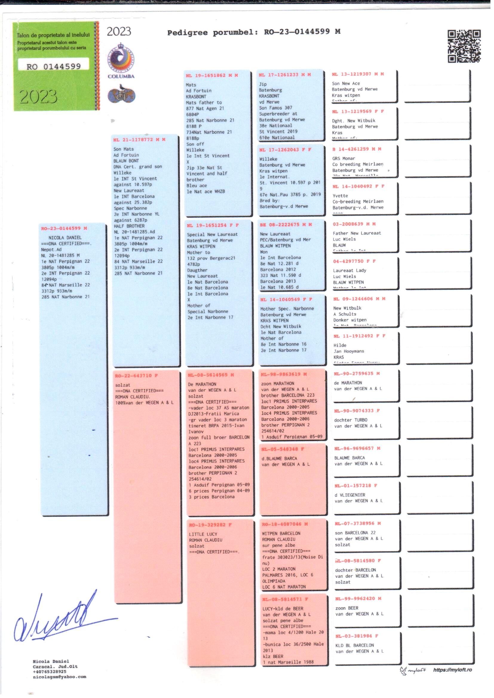 pedigree Zoon Mats x Dochter De Marathon + DNA 