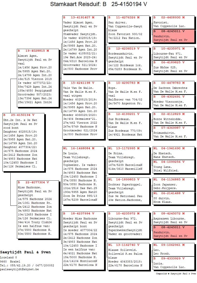 pedigree Dochter 2° Internationaal Agen 2020 x 3° Nationaal Narbonne 2024