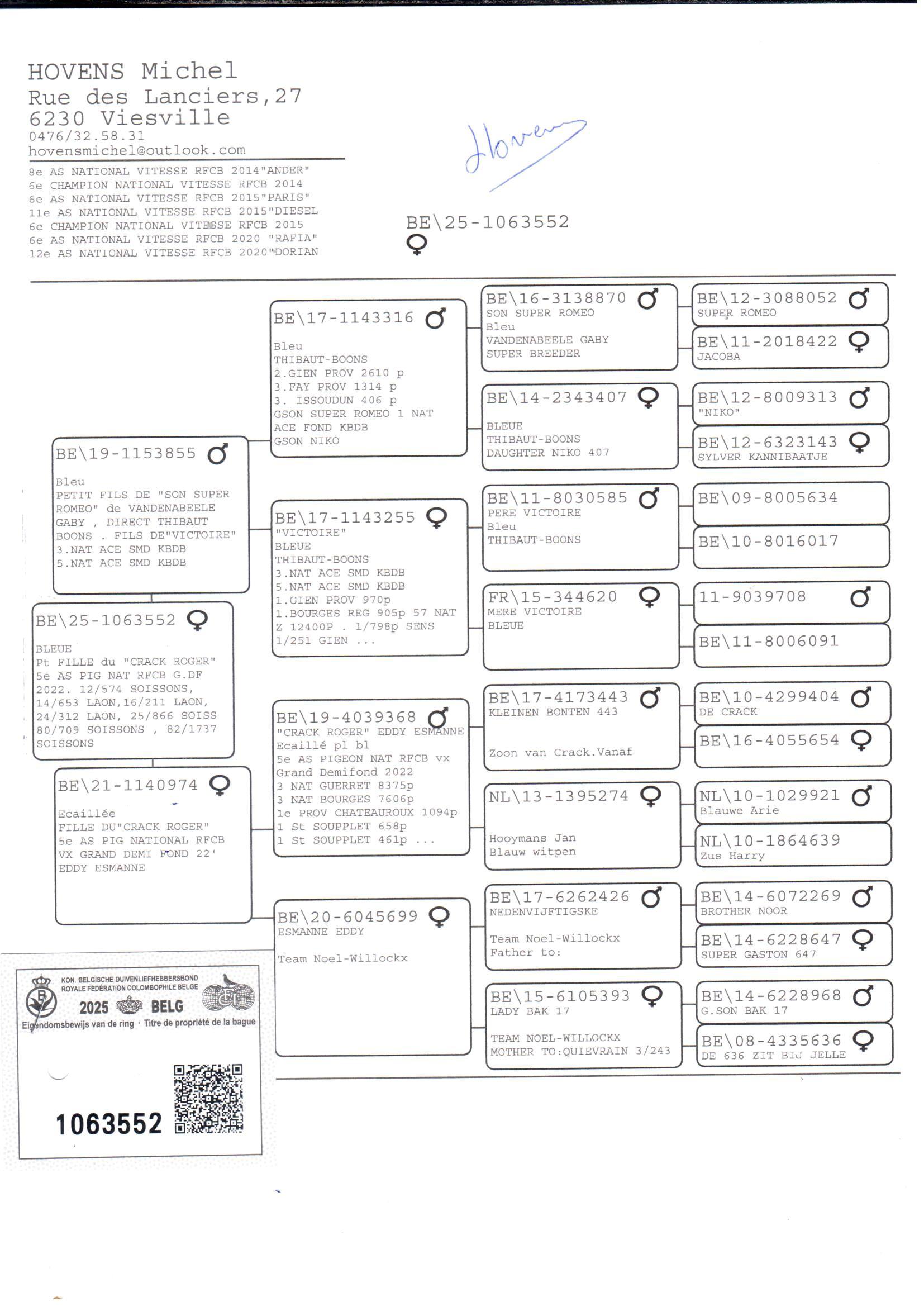 pedigree Kleinzoon van zoon Super Romeo x Dochter Crack Roger 