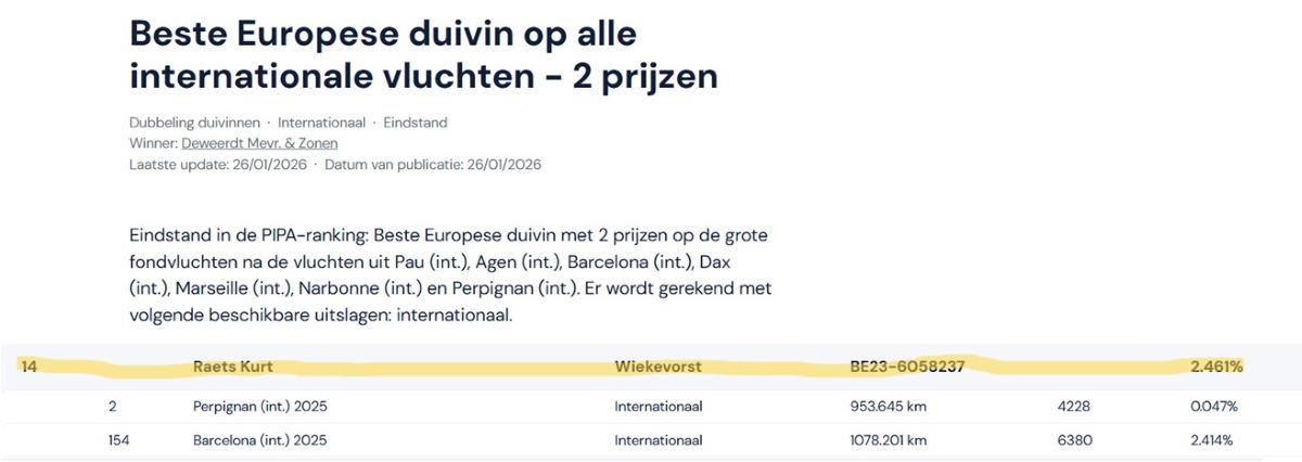 BE23-6058237 '237' 14e Beste Europese duivin op alle internationale vluchten - 2 pr