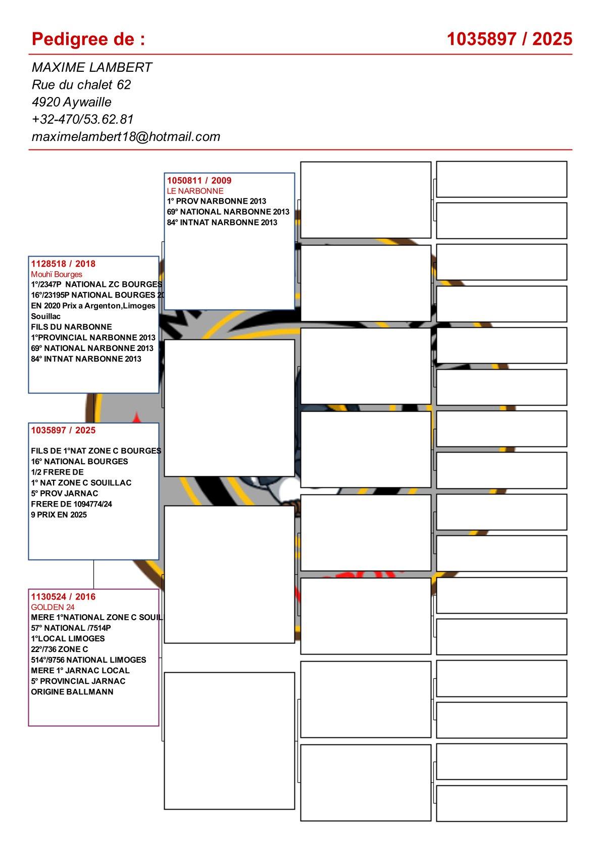 pedigree Zoon 1e Nat.Z.C. Bourges 2347d. & 16e Nat.Bourges 23195d. (+ moeder GRATIS Lot 31)