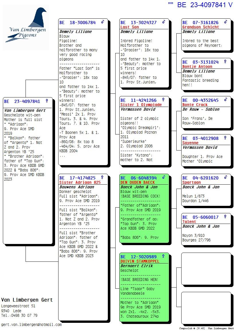 pedigree "De 841"- Zus "Adriaan" x Demely