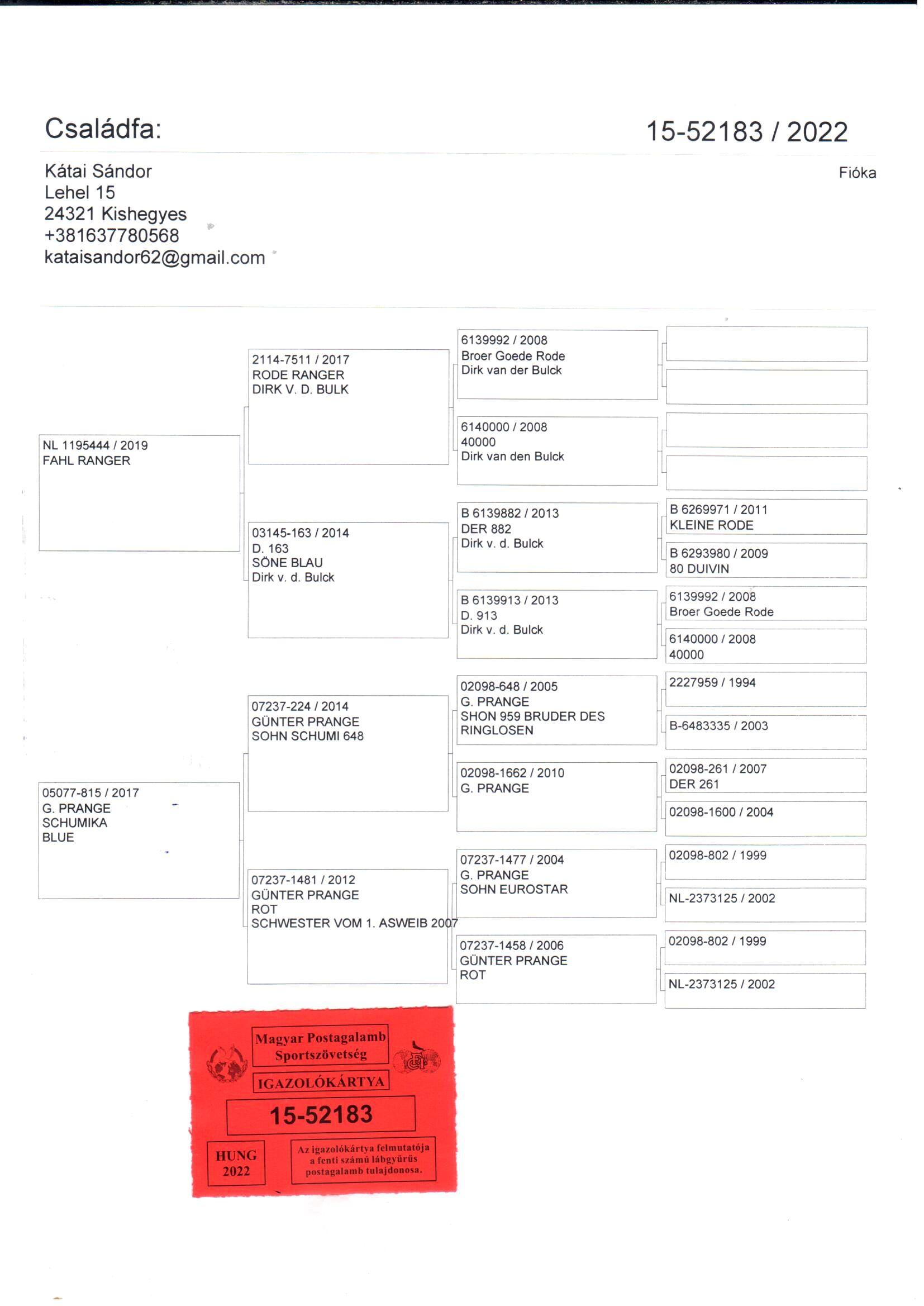 pedigree Dirk Van Den Bulck x Gunter Prange