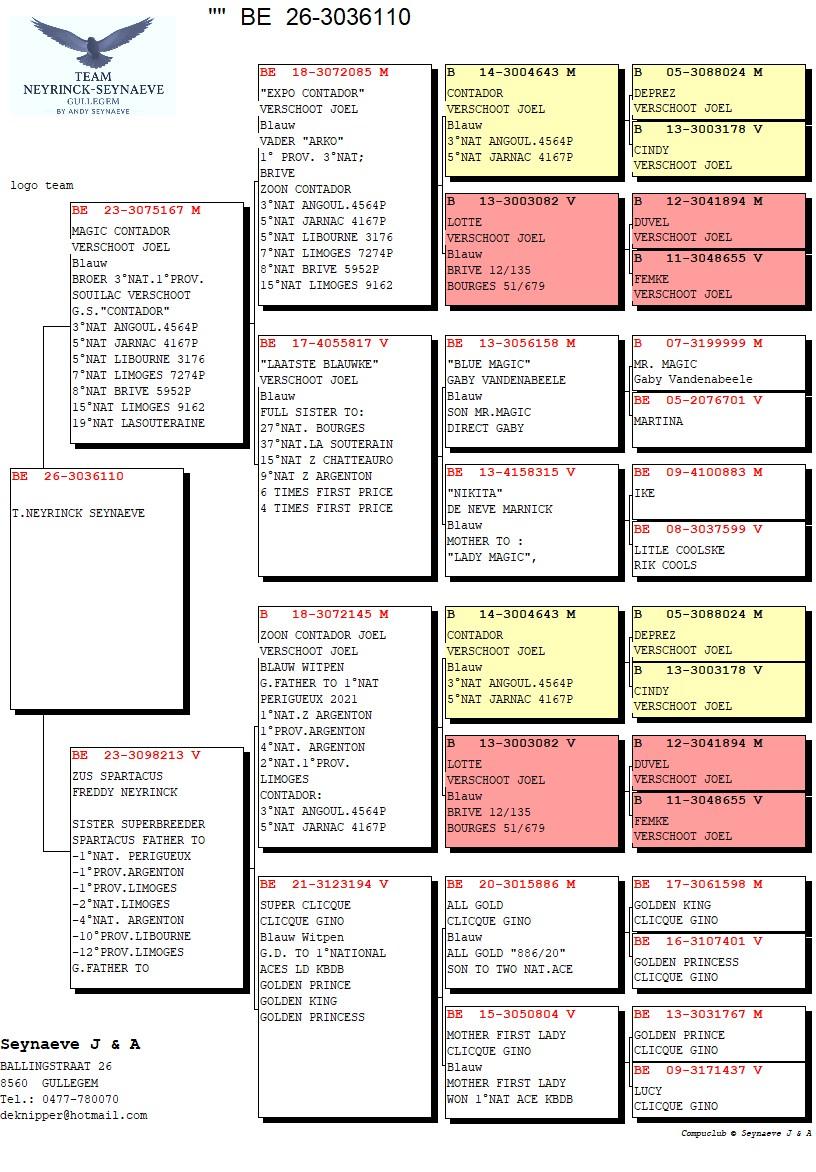 pedigree BROER 3°NAT.SOUILLAC VERSCHOOT X ZUS 1°NAT.-2°NAT.4°NAT.