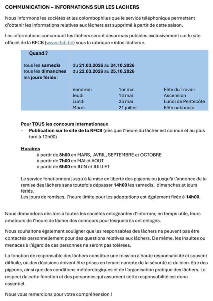 19-03-2026 Communiqué de la RFCB – Info lâchers 2026