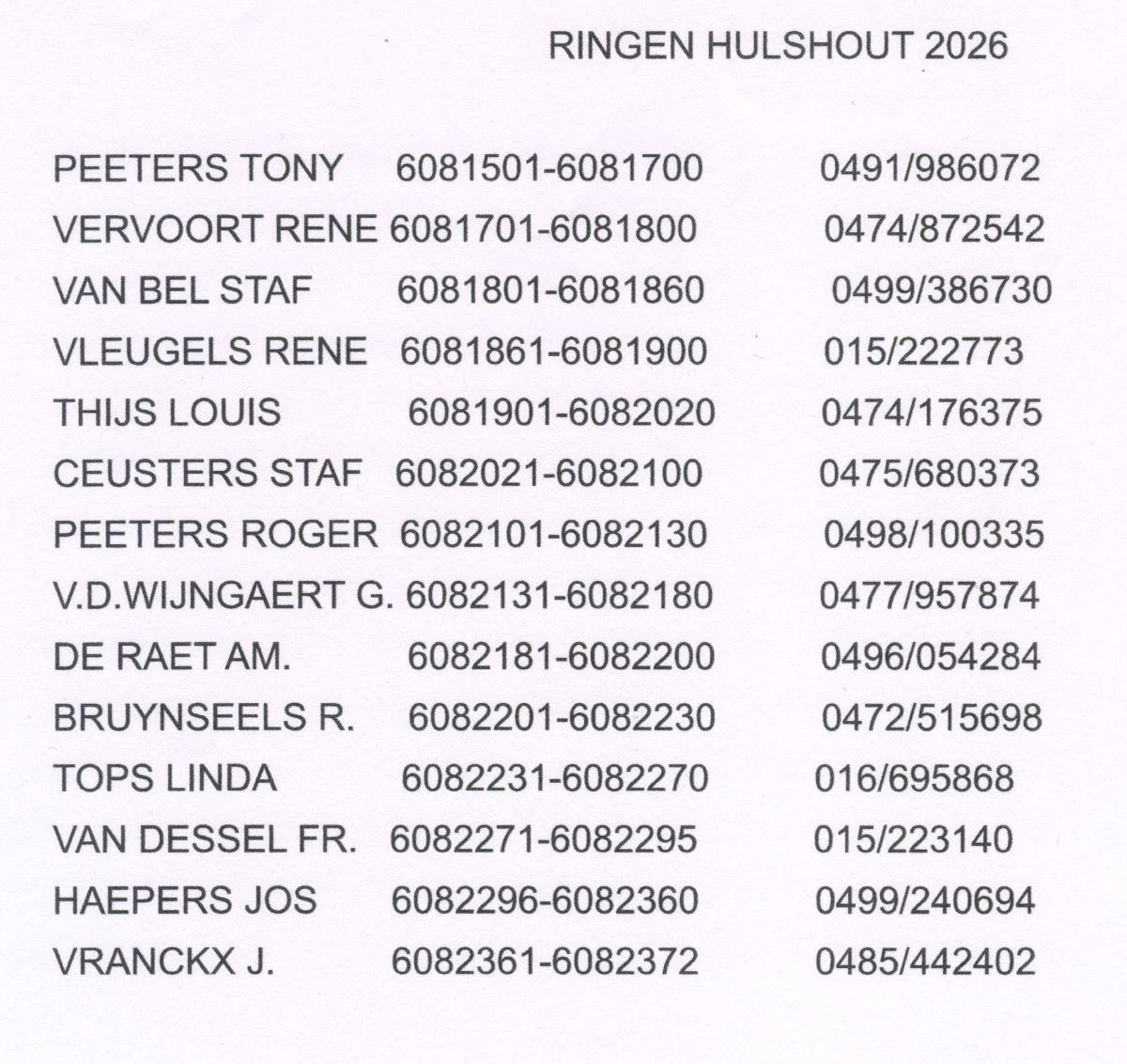 2026 Ringenlijst DSV Hulshout