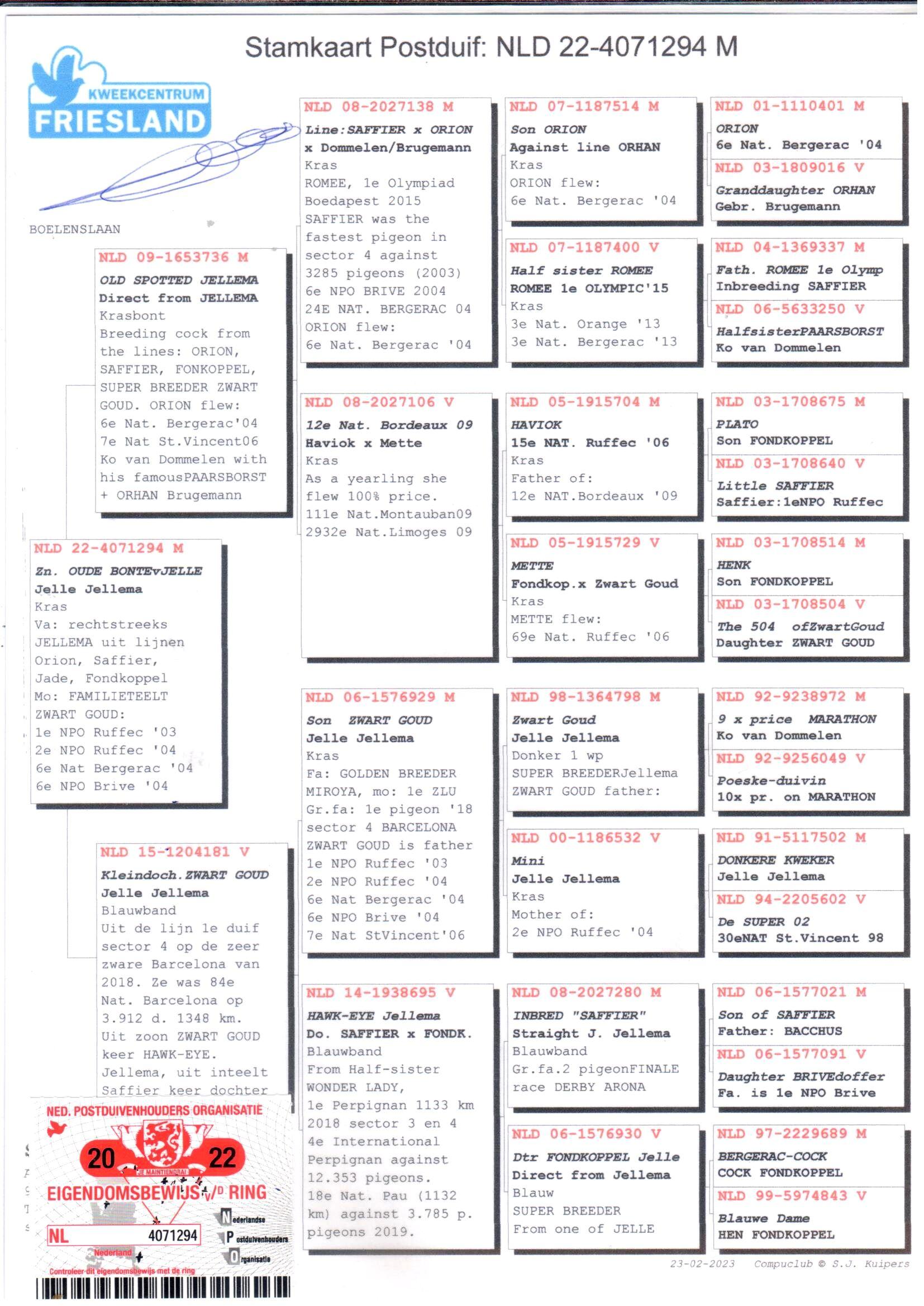 pedigree Uit De lijnen “Orion”, “Saffier”, “Jade”, “Zwart Goud” (Jelle Jellema)