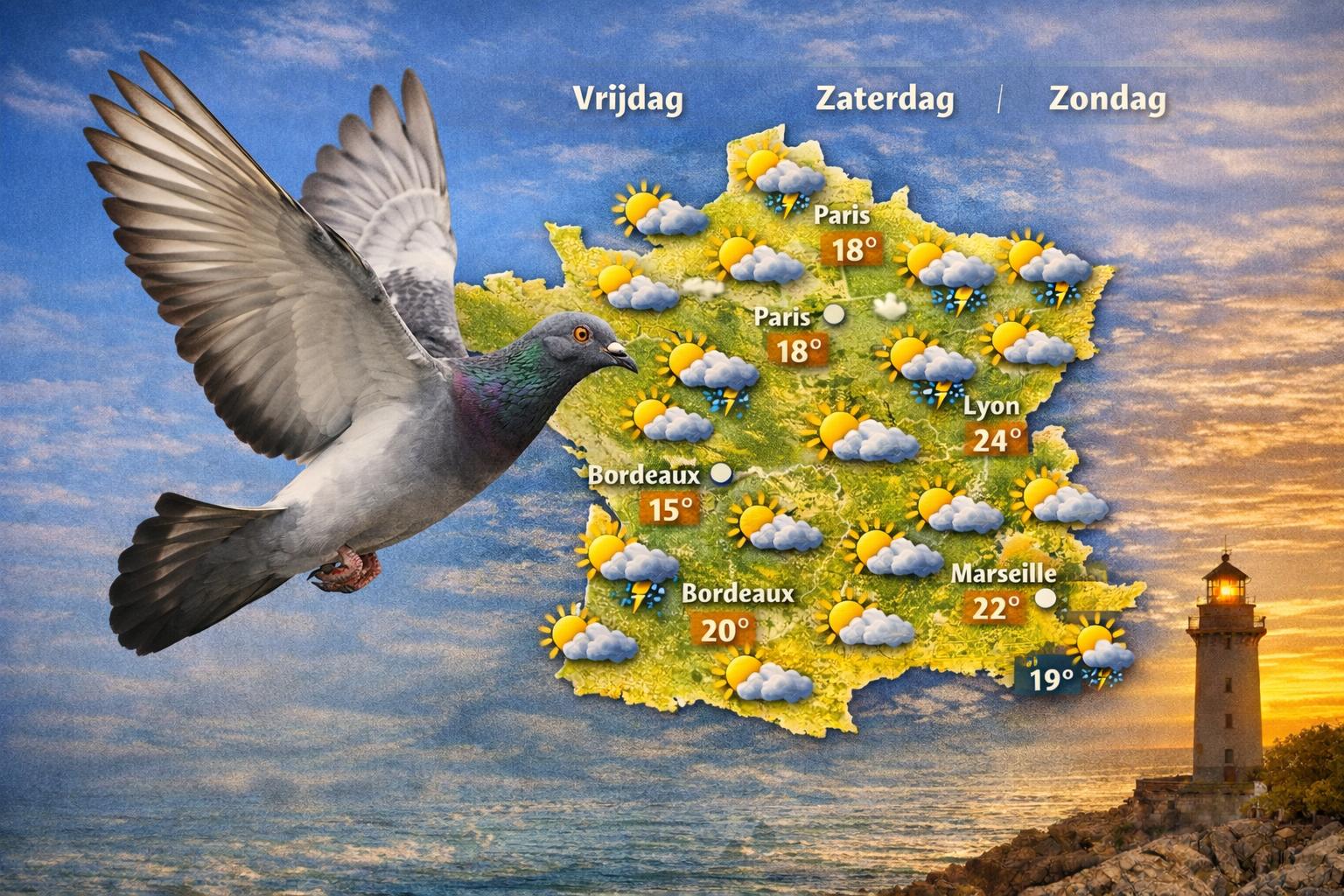 Weerbericht met duif en Frankrijk