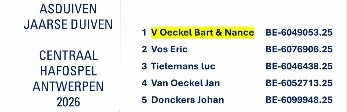V OECKEL BART & NANCE - Antwerpen Centraal Hafo Asduif Jaarse 2026