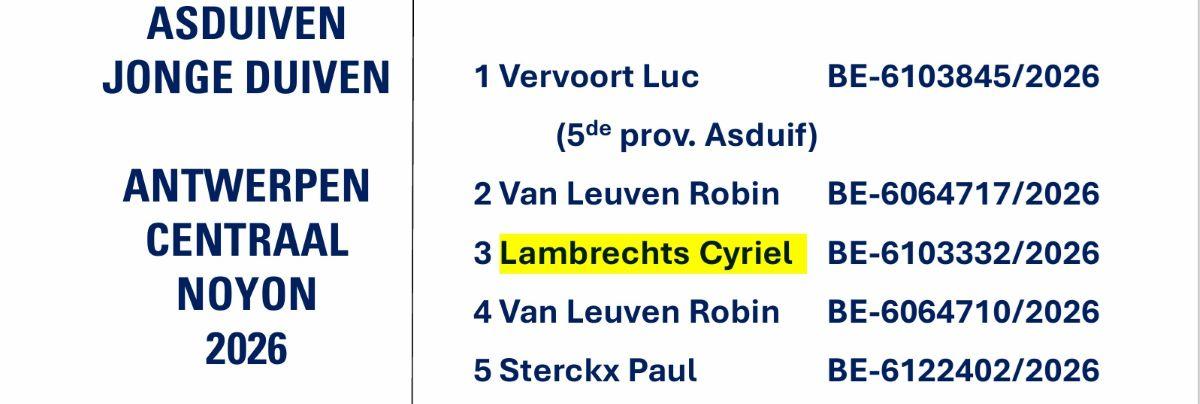LAMBRECHTS CYRIEL - ANTWERPEN CENTRAAL Noyon Asduif Jonge 2026