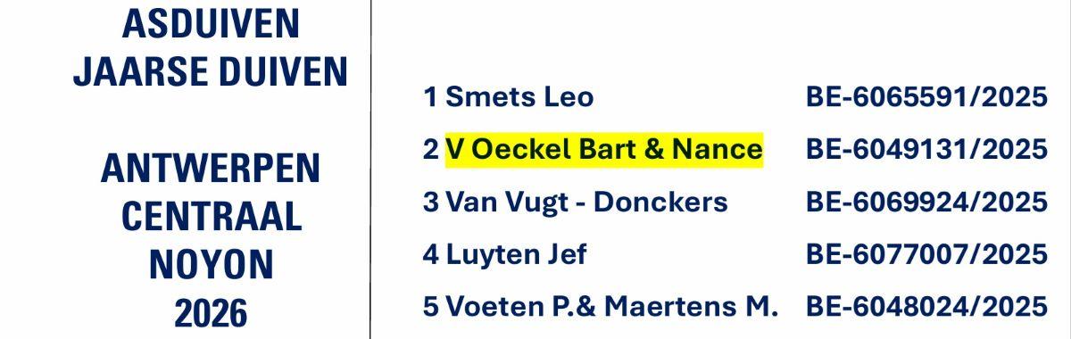 V OECKEL BART & NANCE - ANTWERPEN CENTRAAL Noyon Asduif Jaarse 2026
