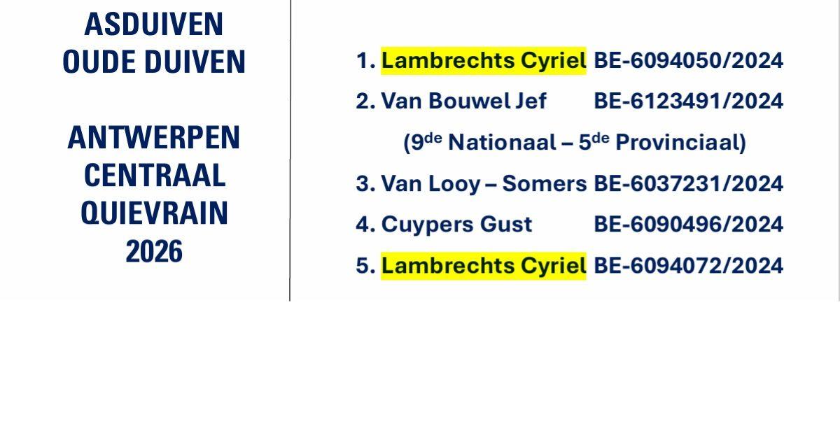 LAMBRECHTS CYRIEL - ANTWERPEN CENTRAAL Quievrain Asduif Oude 2026