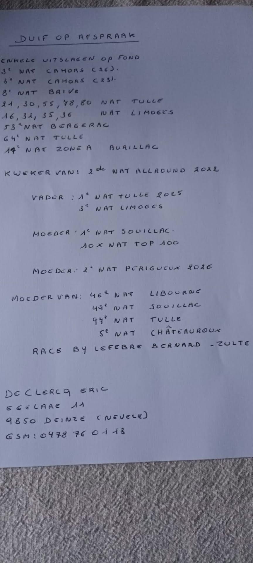 DE CLERCQ ERIC, NEVELE - duif ter plaatse - Family